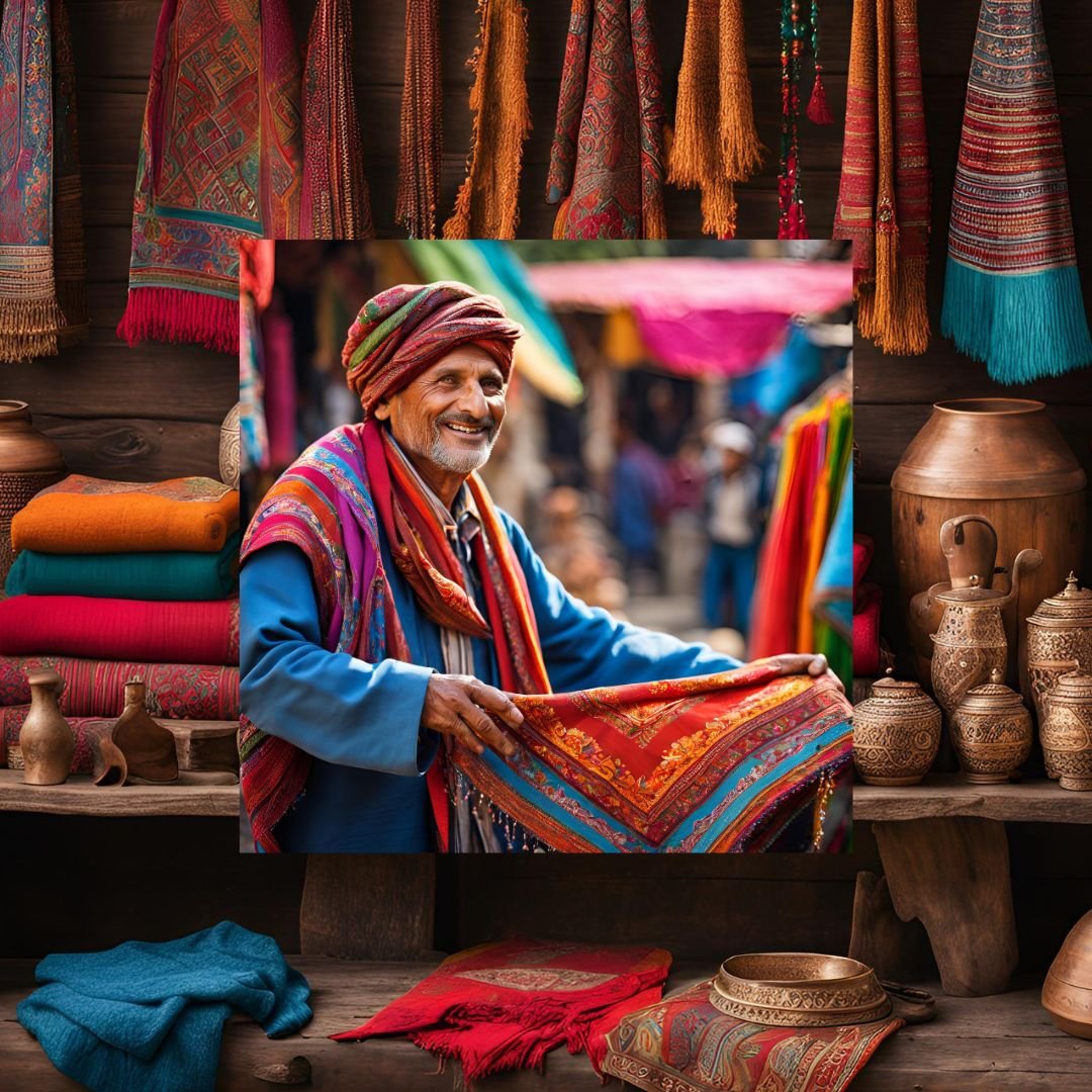 This Image describes a local himachali vendor selling the himavhali traditional woolen shawls and scarfs